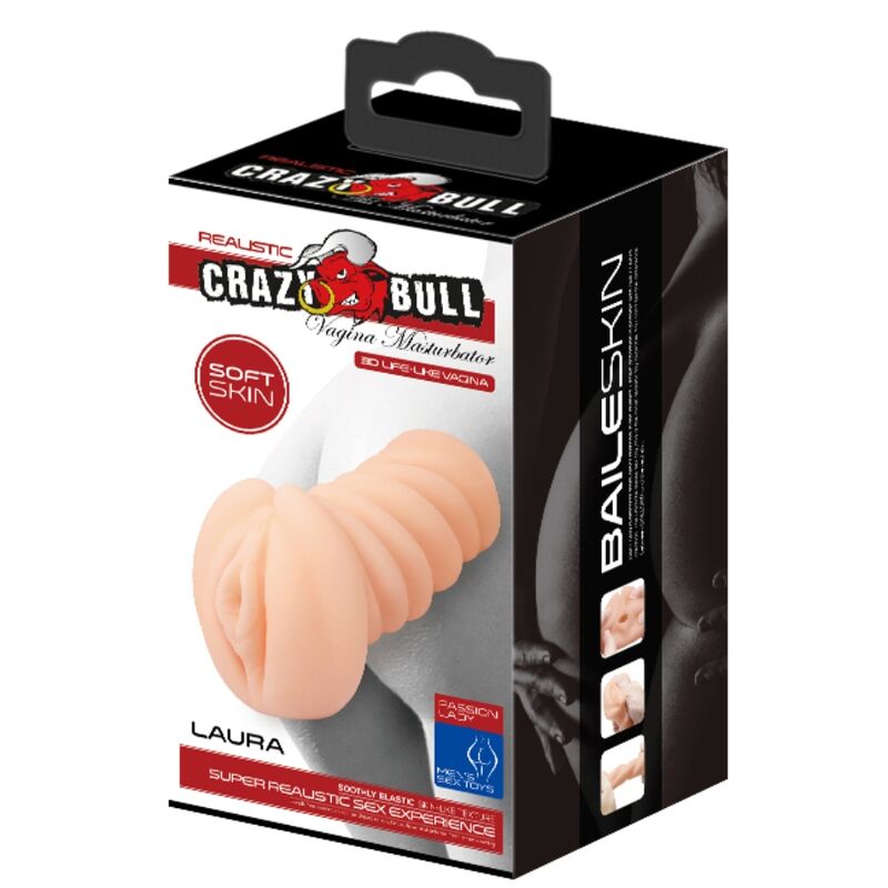 Masturbatore vagina portatile Crazy Bull, dettagli realistici e compatto, con superficie morbida e resistente.