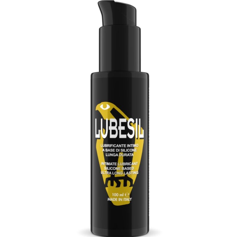 Lubrificante a base di silicone INTIMATELINE LUBESIL 100 ml, bottiglia con etichetta blu e bianca, aperto con gel trasparente.