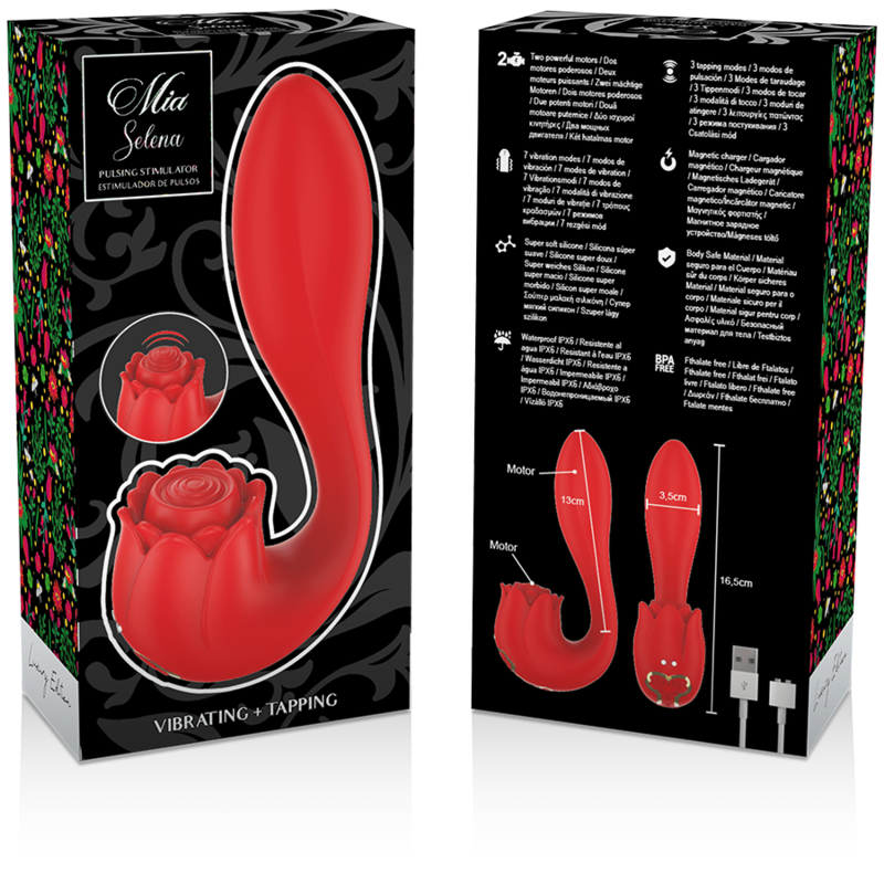Stimolatore vibrante MIA Selena con funzione tapping, colore rosso, mostrato in primo piano sullo sfondo bianco.