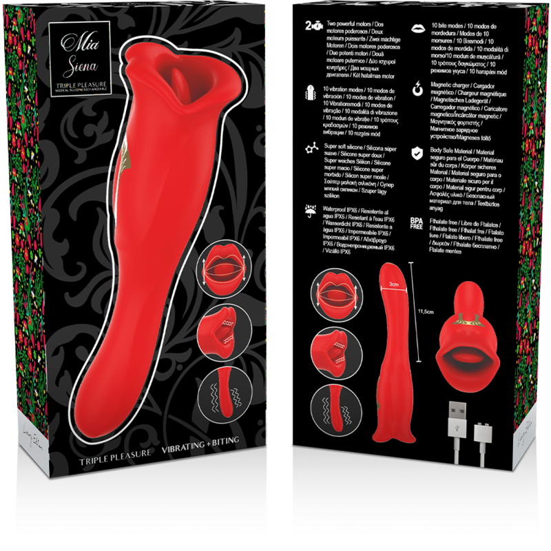 Vibratore MIA Siena Triplo Piacere con morsetto, design colorato e dettagli realistici, ideale per stimolazione intensa.