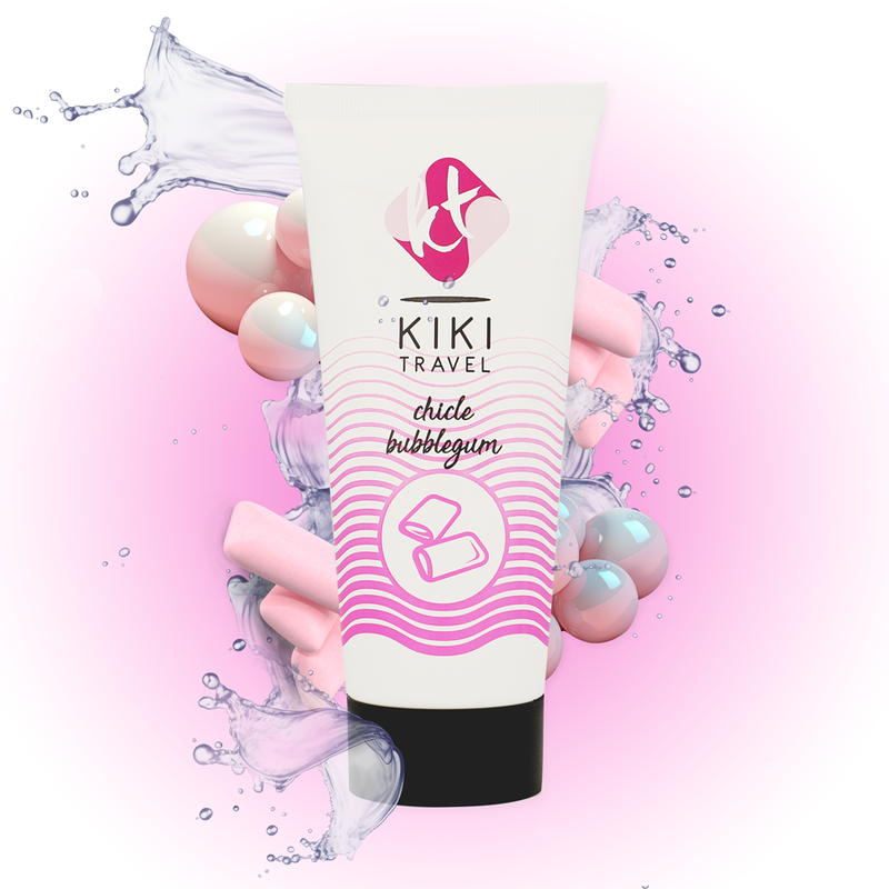 Lubrificante alla fragola KIKÍ TRAVEL, confezione da 50 ml, con bottiglia trasparente e etichetta colorata, vista frontale.