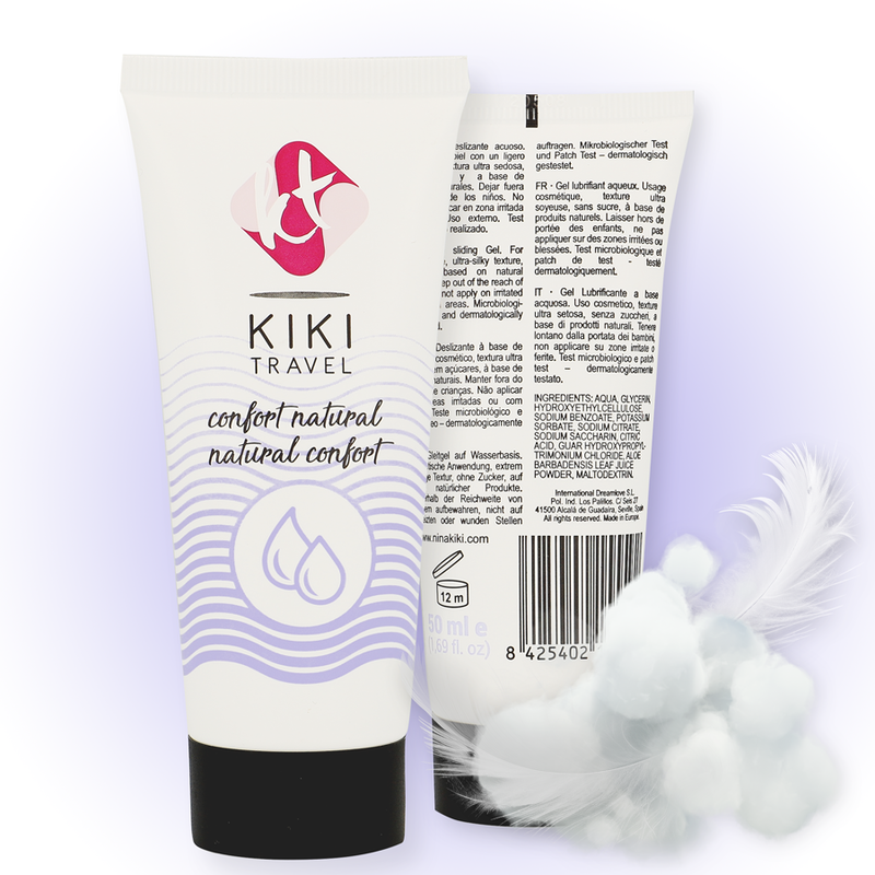 Lubrificante naturale KIKÍ TRAVEL Confort, bottiglia da 50 ml, con etichetta visibile, ideale per il comfort e la cura personale