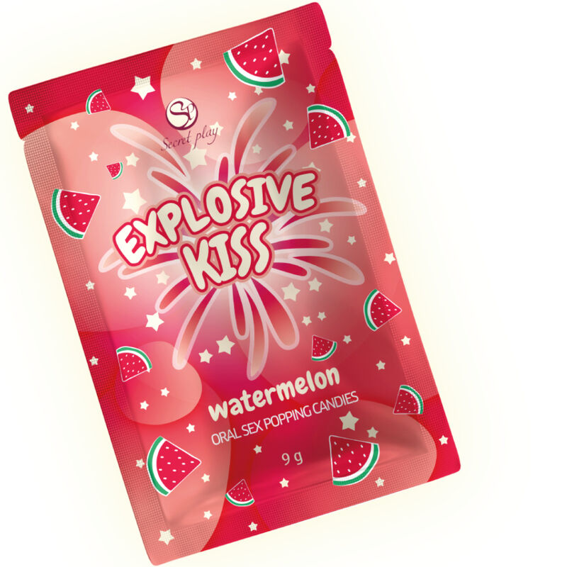 Caramelle esplosive all'anguria di SECRET PLAY, dolci e colorate, confezionate in una scatola con design vivace.