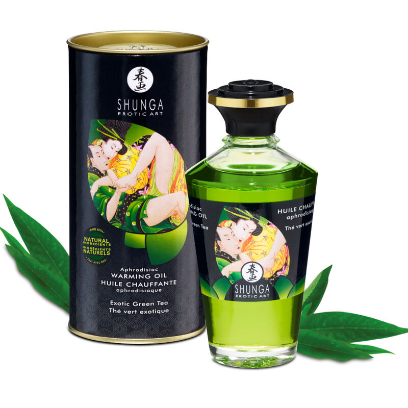 Olio da massaggio Shunga con effetto calore e tè verde, bottiglia da 100 ml, con etichetta verde e tappo nero.