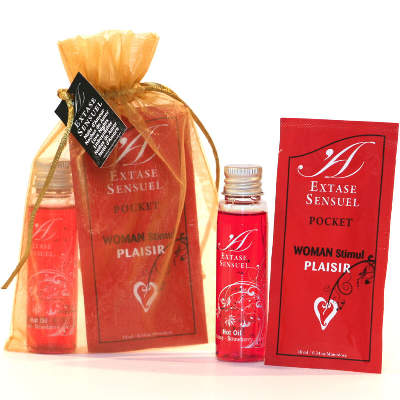 Set viaggio di EXTASE SENSUAL, prodotti per il benessere intimo, con flaconi e confezioni eleganti per momenti di piacere.