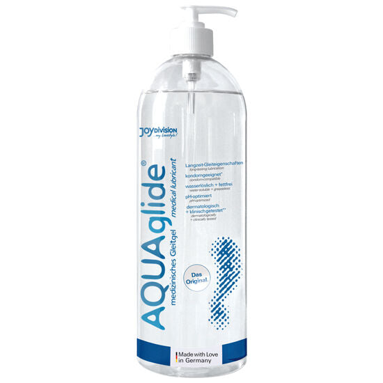 Lubrificante JOYDIVISION AQUAGLIDE da 1000ml, flacone trasparente con etichetta, ideale per uso intimo e massaggi.