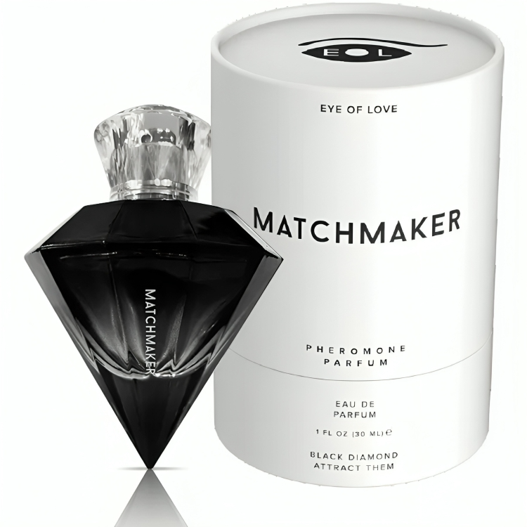 Profumo EYE OF LOVE Matchmaker Black Diamond con feromoni da 30ml, elegante flacone nero, per attrazione e fascino.