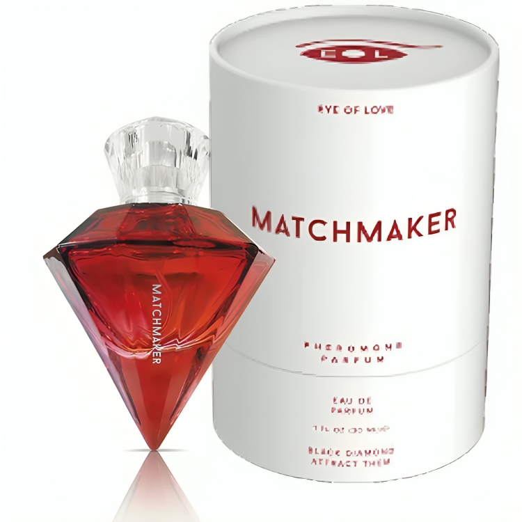 Profumo EYE OF LOVE Matchmaker Red Diamond con feromoni, 30 ml, bottiglia elegante con etichetta rossa e dettagli dorati.