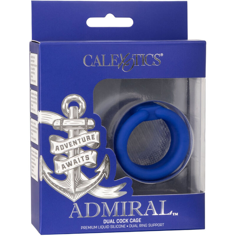 Gabbia doppia per cazzi blu CALEXOTICS Admiral, struttura resistente e design elegante, visibile dall'immagine.