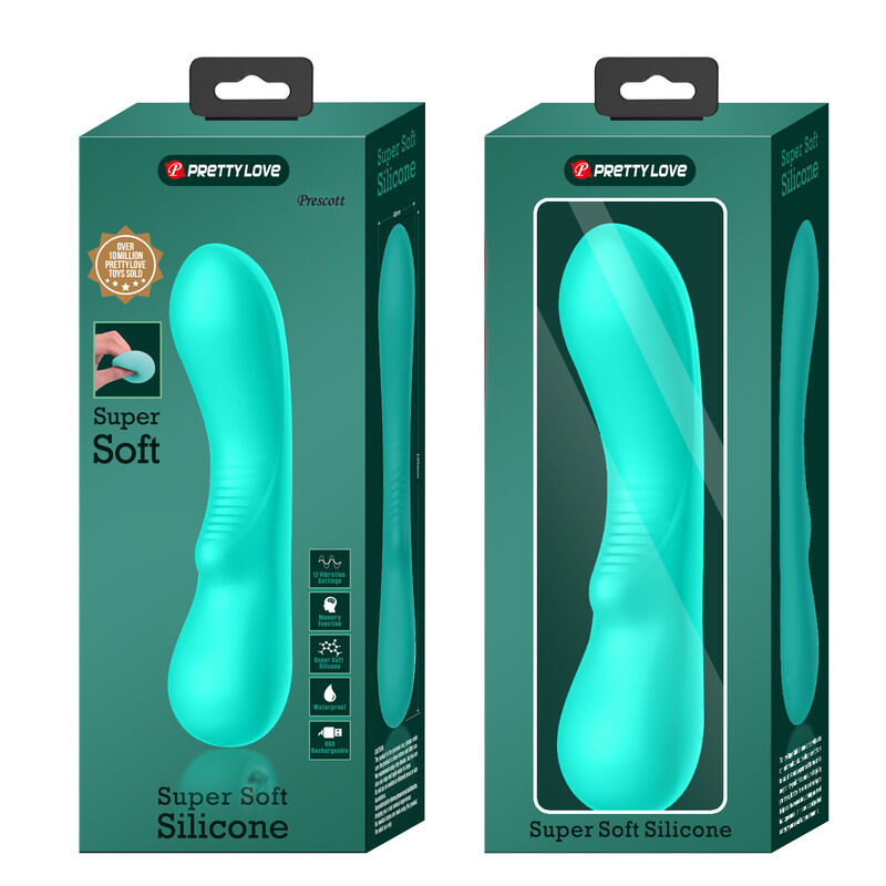 Vibratore ricaricabile Pretty Love Prescott verde acqua, design elegante e superficie liscia, ideale per piacere personale.