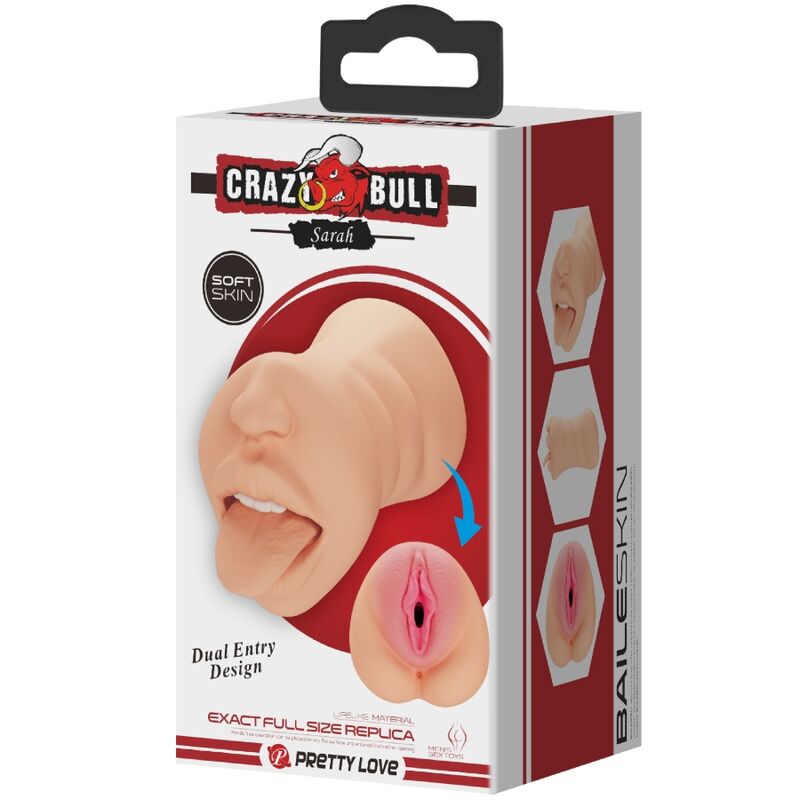 Masturbatore Crazy Bull a forma di Sarah con doppia entrata, dettagli realistici e texture morbida per sensazioni intense.