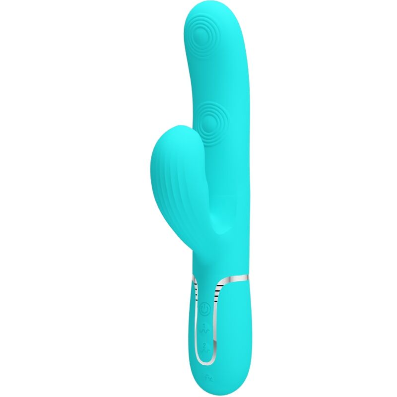 Vibratore multifunzione Pretty Love Perlita 3 in 1 G-spot verde acqua, con design ergonomico e dettagli in silicone.