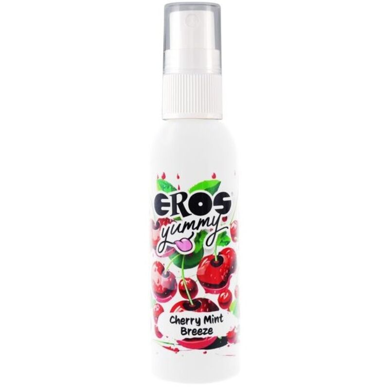 Spray corpo EROS YUMMY CILIEGIA e Menta, 50 ml, con fragranza fresca e dolce, bottiglia con spray e etichetta colorata.