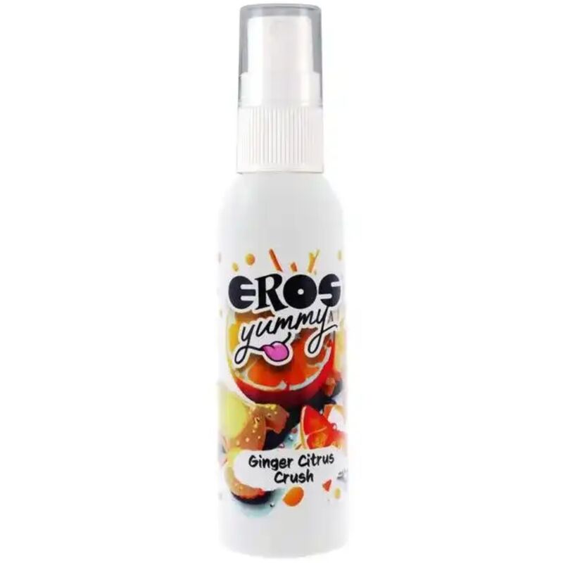 Spray corpo EROS YUMMY SPRAY CORPORAL Ginger Citrus Crush da 50 ml, flacone con spray e etichetta colorata.