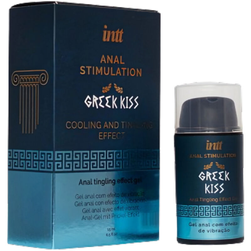 Stimolazione anale Bacio Greco INTT FOR HIM in flacone da 15 ml, dettaglio del prodotto con etichetta e applicatore