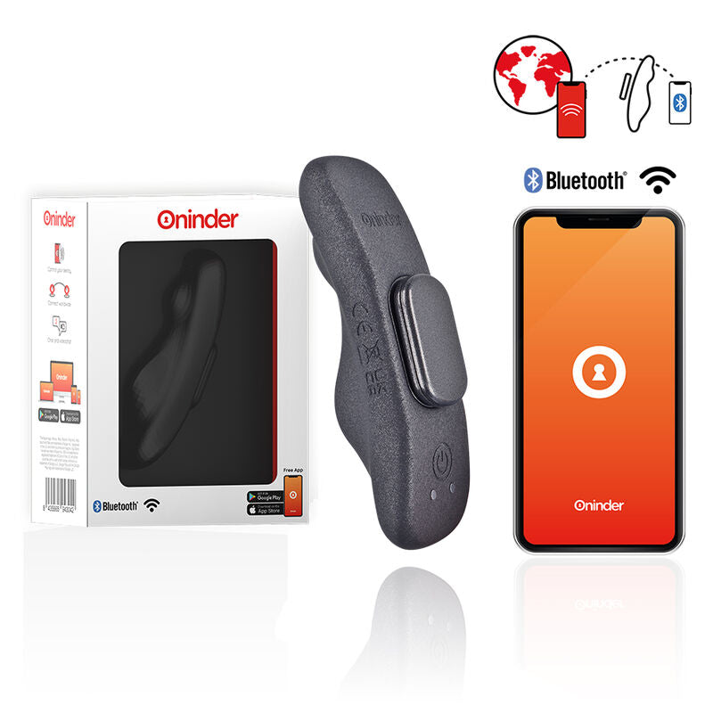 Vibratore ricaricabile ONINDER Manila Panty con 9 velocità, misura 9,6 x 2,6 cm, con app gratuita, visibile in immagine.