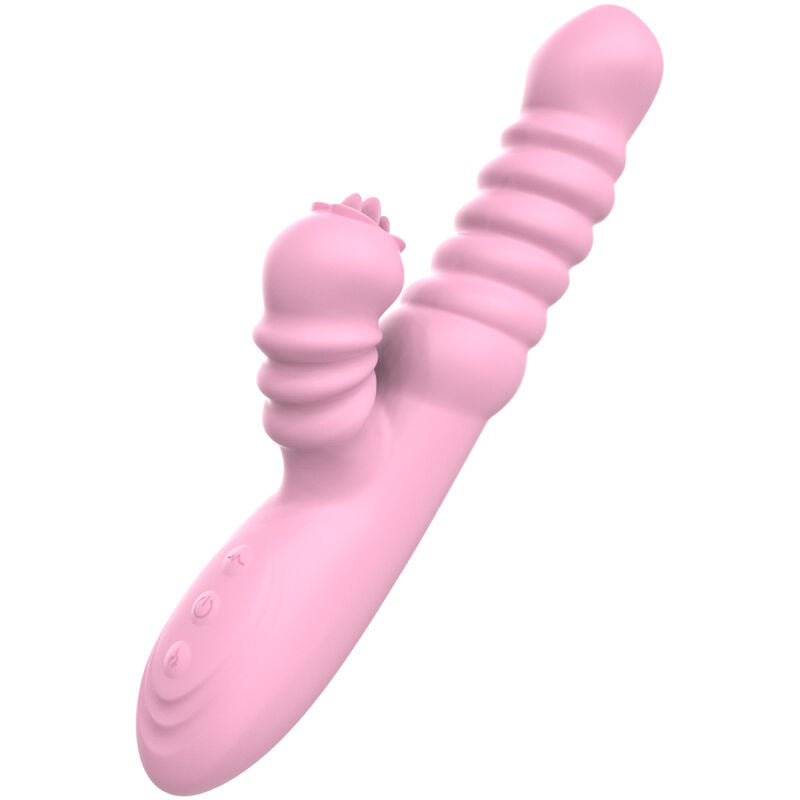 Vibratore multifunzione ARMONY con lingua stimolante, effetto calore, design rosa, ideale per piacere e relax.
