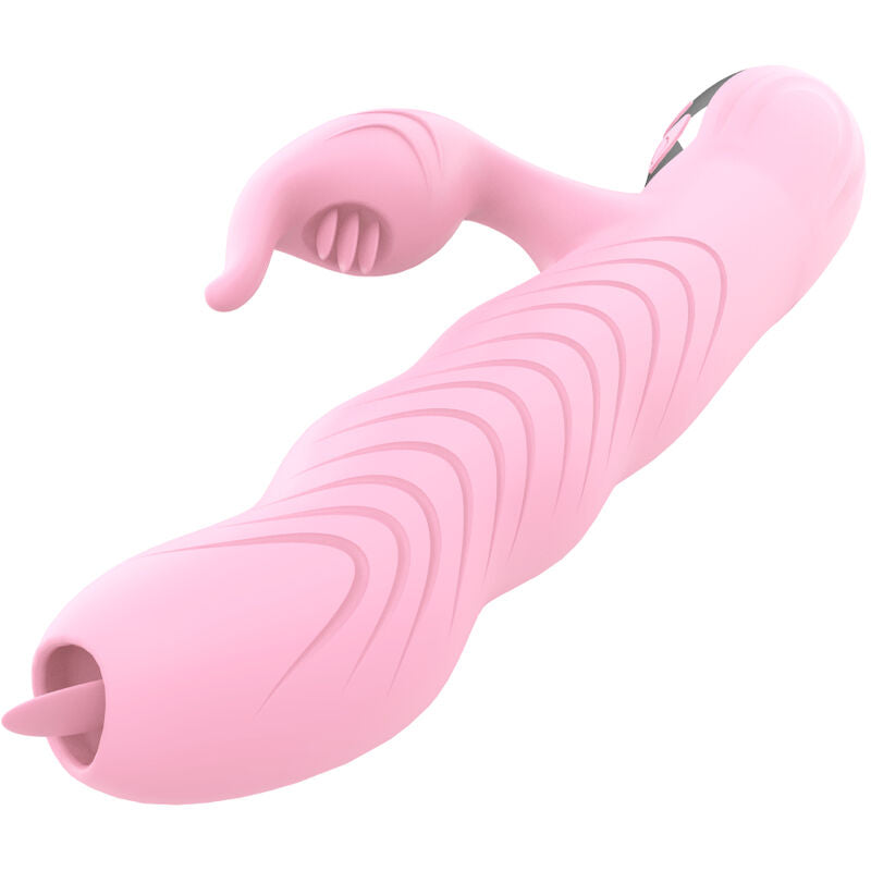 Vibratore ARMONY Marcia e Spinta con doppia lingua, effetto calore, design rosa, materiale morbido e stimolante.