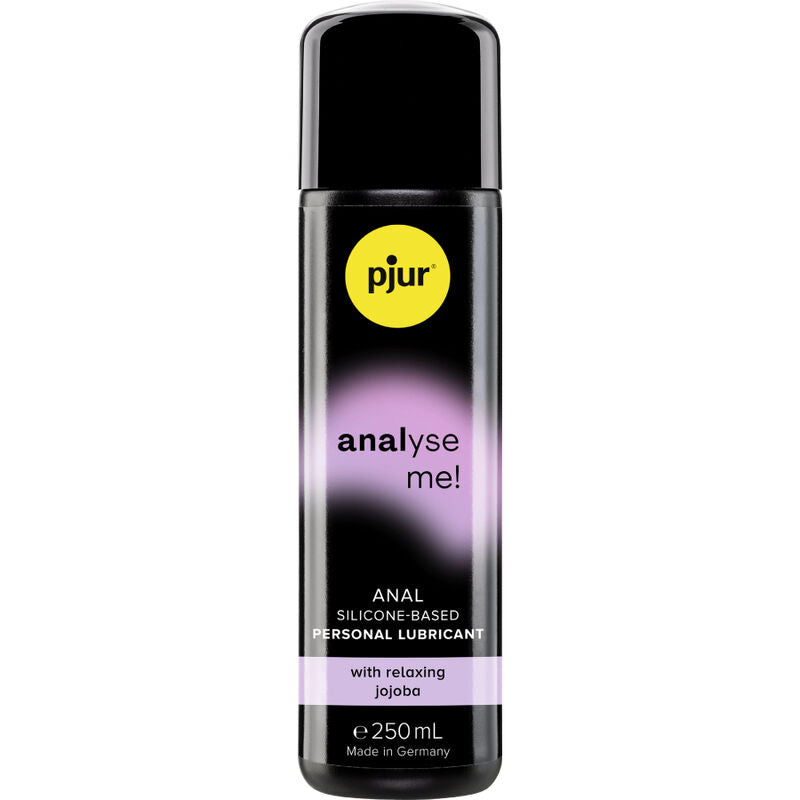 Gel rilassante anale PJUR Analyze Me, flacone da 250 ml con etichetta blu e bianca, visibile nella confezione.