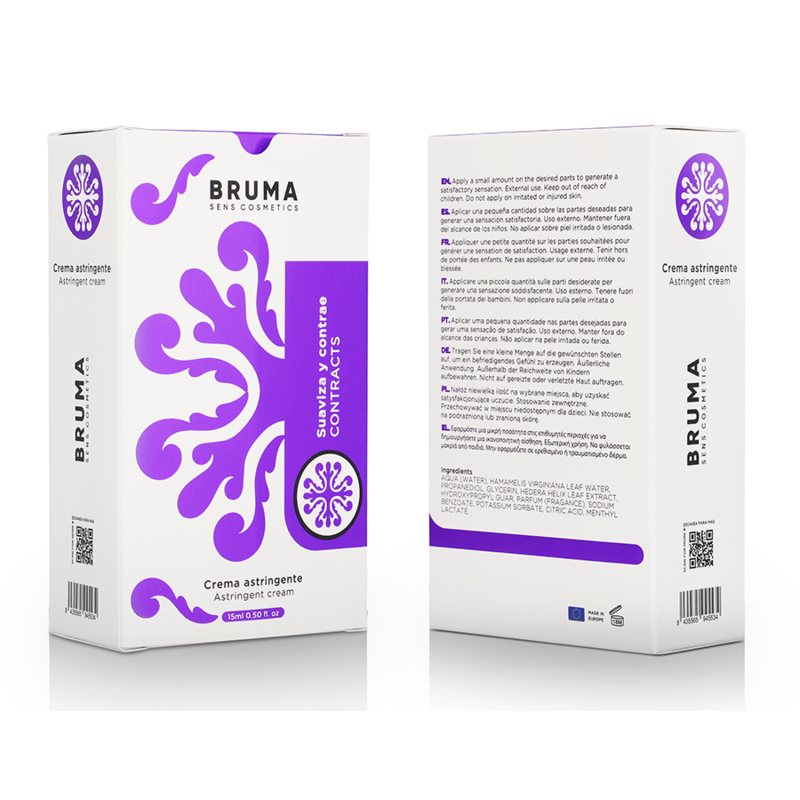 Crema astringente BRUMA, ultra scorrevole, in tubo da 15 ml, ideale per la cura della pelle e i trattamenti viso.