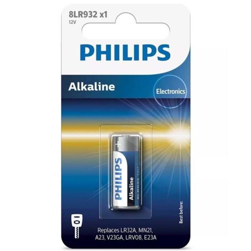 Batteria alcalina 12V Philips LR23A MN21 in blister, vista frontale con etichetta e contatti metallici.