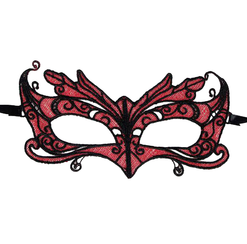 Maschera in pizzo con dettagli rossi di Queen Lingerie, elegante e delicata, con motivo in pizzo e decorazioni rosse.