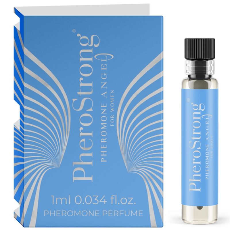 Profumo ai feromoni Angel per donna di Pherostrong, flacone da 1 ml con etichetta e spray.