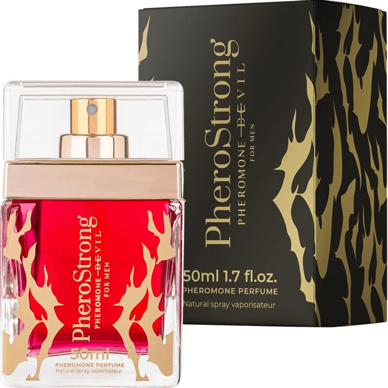 Profumo Pherostrong Devil per uomo, flacone da 50 ml con etichetta, presenta un design elegante e moderno