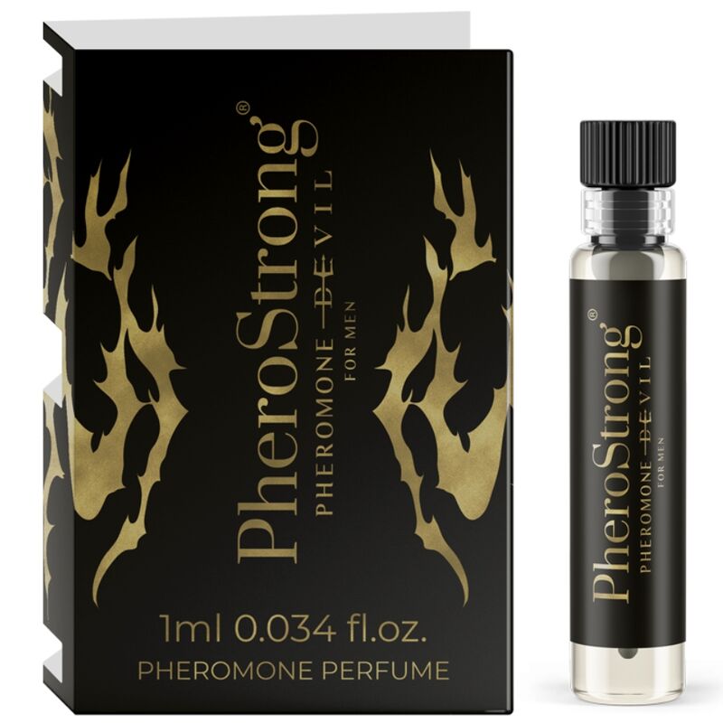 Profumo Devil AI Pheromoni per uomo PHEROSTRONG, flacone da 1 ml con etichetta e packaging elegante