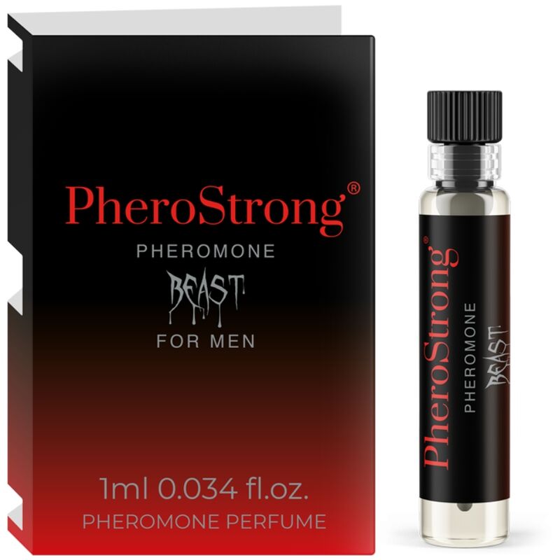 Profumo ai feromoni Pherostrong Beast per uomo in flacone da 1 ml, con bottiglia e applicatore visibili nell'immagine