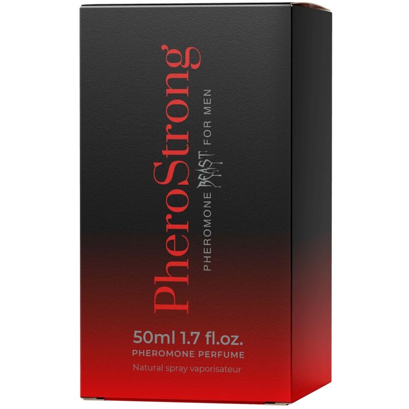Profumo preromone Pherostrong Beast per uomo, flacone da 50 ml con etichetta nera e dettagli dorati, spray elegante e maschile