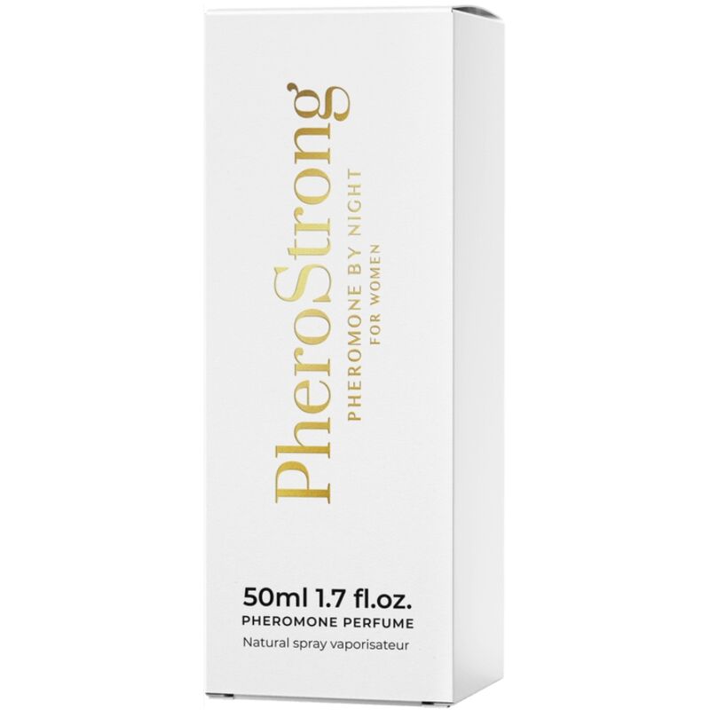 Profumo ai feromoni Notte da Donna Pherostrong 50 ml, flacone con spray e etichetta elegante.