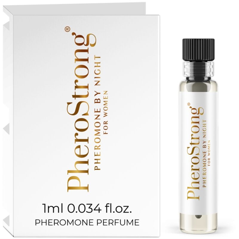 Profumo ai feromoni notturno per donna Pherostrong, flacone da 1 ml con elegante confezione e etichetta dettagliata.