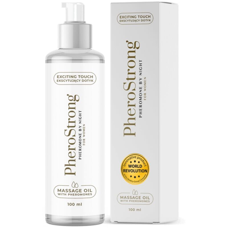 Olio da massaggio notturno per donne PHEROSTRONG in bottiglia da 100 ml, con etichetta e dispenser visibile.