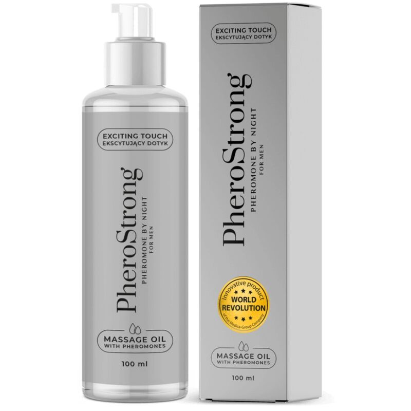 Olio da massaggio notturno per uomo Pherostrong in bottiglia da 100 ml, con etichetta e tappo.