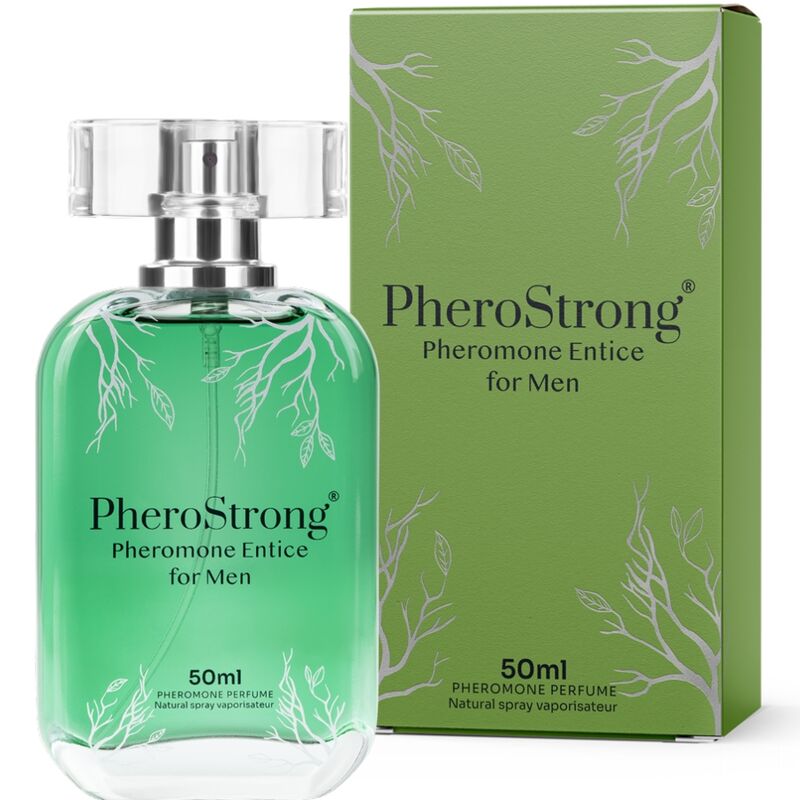 Profumo uomo Pherostrong Entice con feromoni, flacone da 50 ml, bottiglia elegante con etichetta nera e dettagli argentati