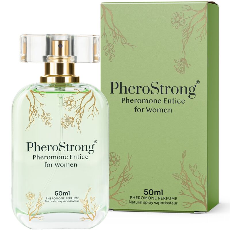 Profumo ai feromoni Pherostrong Entice da donna, flacone da 50 ml, con etichetta e spray visibile.