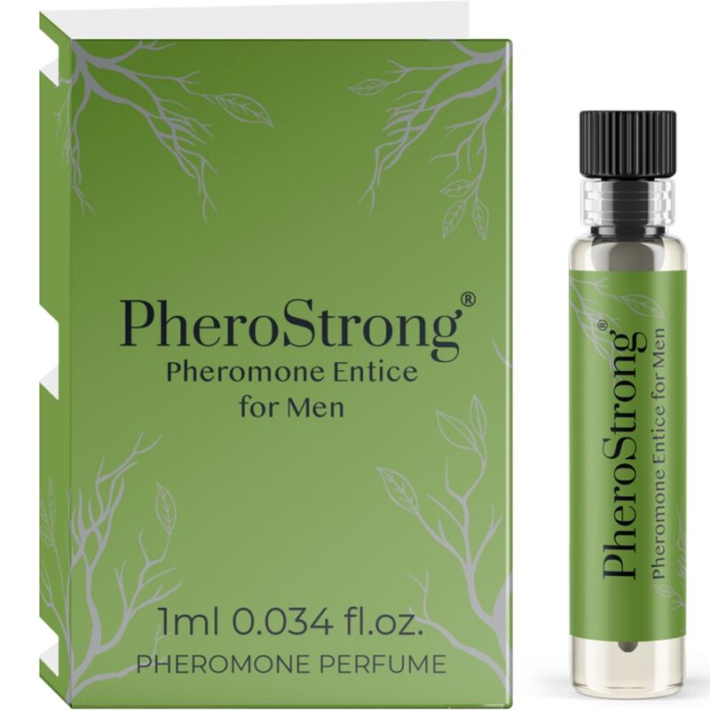 Profumo per uomo Pherostrong Entice, 1 ml, bottiglia con spray, evidenziando il flacone compatto e il design elegante.