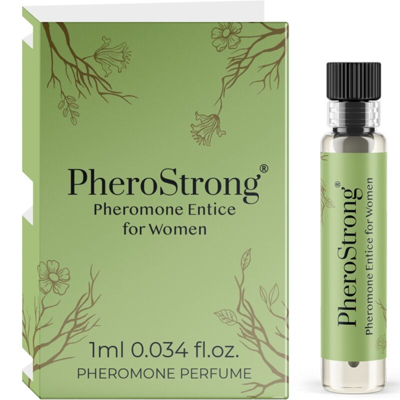 Profumo ai feromoni Pherostrong Entice da donna in flacone da 1 ml, bottiglia elegante con etichetta moderna