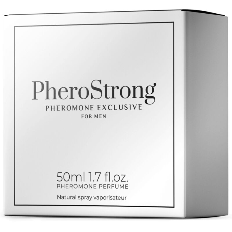 Profumo Pherostrong per uomo da 50 ml, bottiglia elegante con etichetta nera e dettagli dorati, profumo ai feromoni esclusivo.
