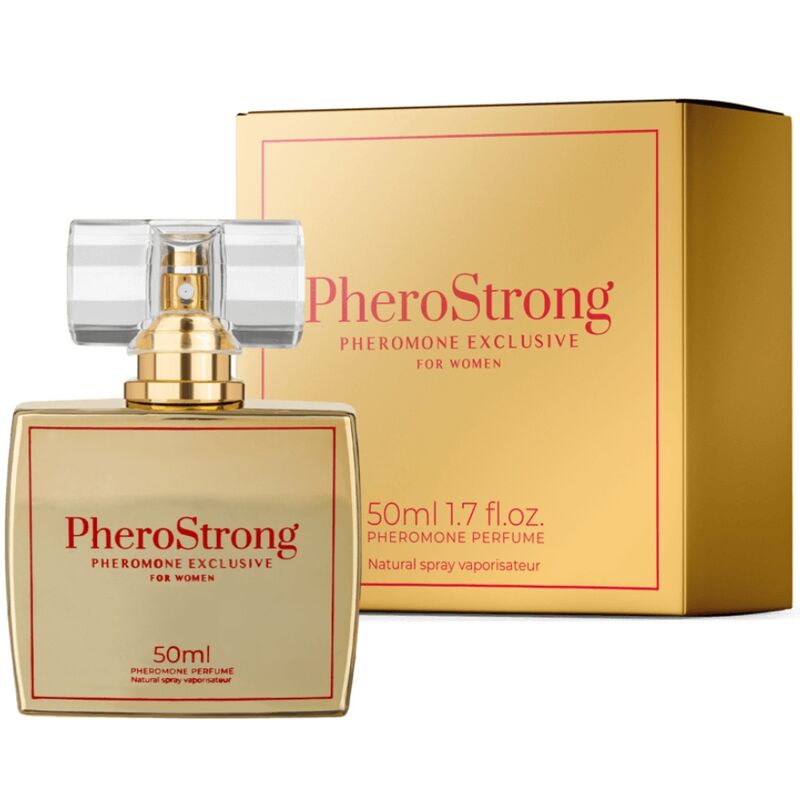 Profumo femminile Pherostrong da 50 ml, con profumo ai feromoni, flacone elegante e compatto sul tavolo.