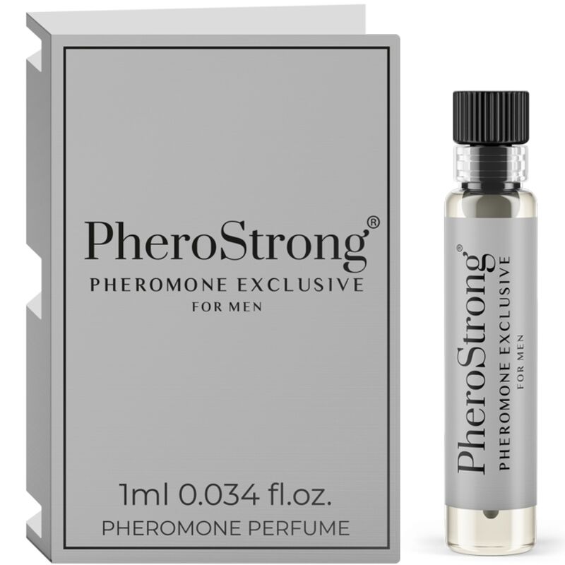 Profumo Pherostrong ai feromoni per uomo, flacone da 1 ml con etichetta e dettagli del packaging visibili.
