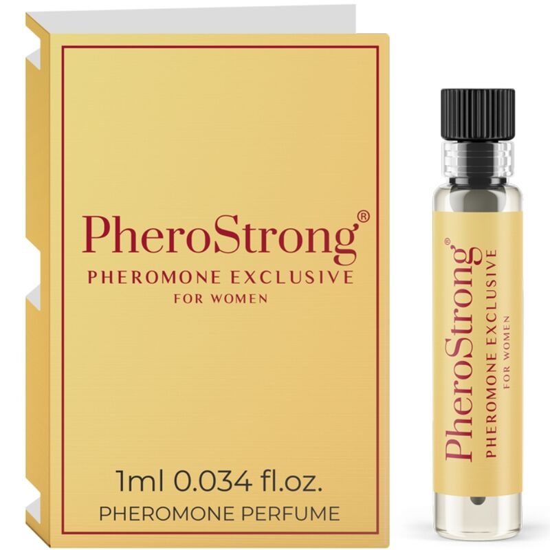Profumo ai feromoni Pherostrong per donna, flacone da 1 ml con confezione elegante, evidenziando il design del prodotto.