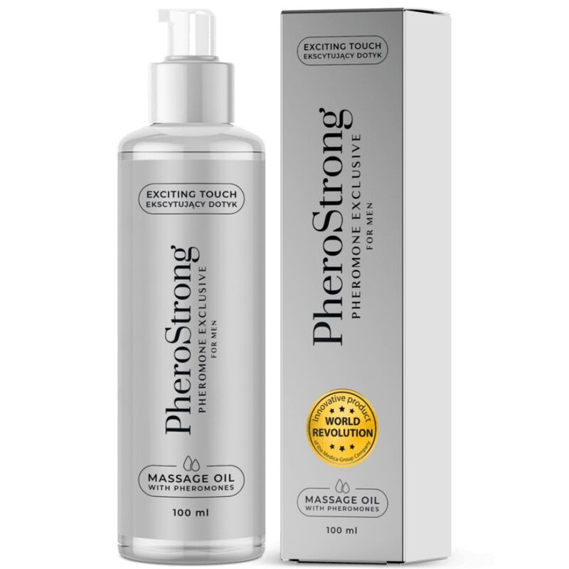 Olio da massaggio PHEROSTRONG per uomini, bottiglia da 100 ml, con etichetta nera e contenuto trasparente, ideale per massaggi rilassanti
