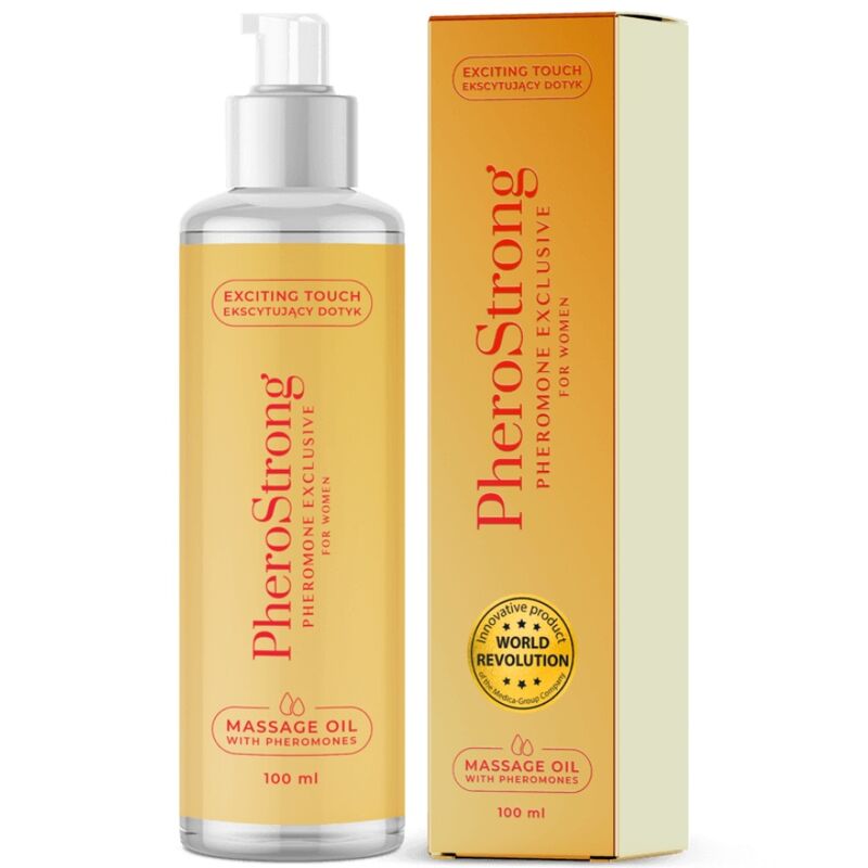 Olio da massaggio Pherostrong per donne, flacone da 100 ml, con etichetta elegante e dettagli del prodotto visibili.