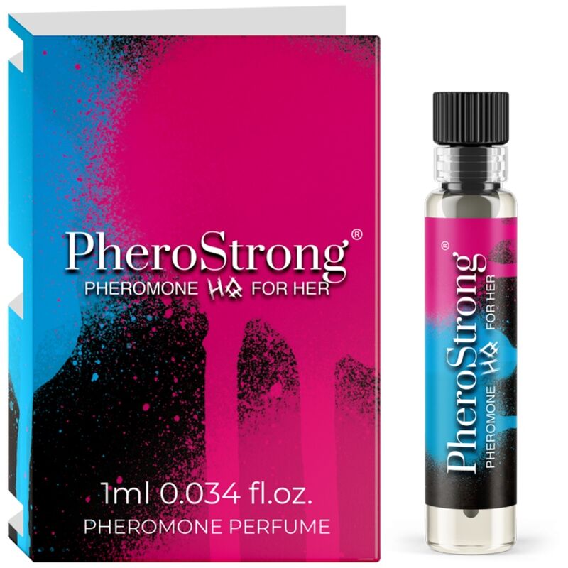 Profumo ai feromoni Pherostrong per lei, flacone da 1 ml con etichetta nera e dettagli dorati, elegante e compatto.
