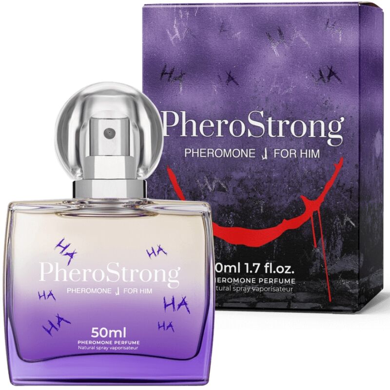 Profumo ai feromoni Pherostrong J per lui in flacone da 50 ml, con etichetta e confezione visibile.