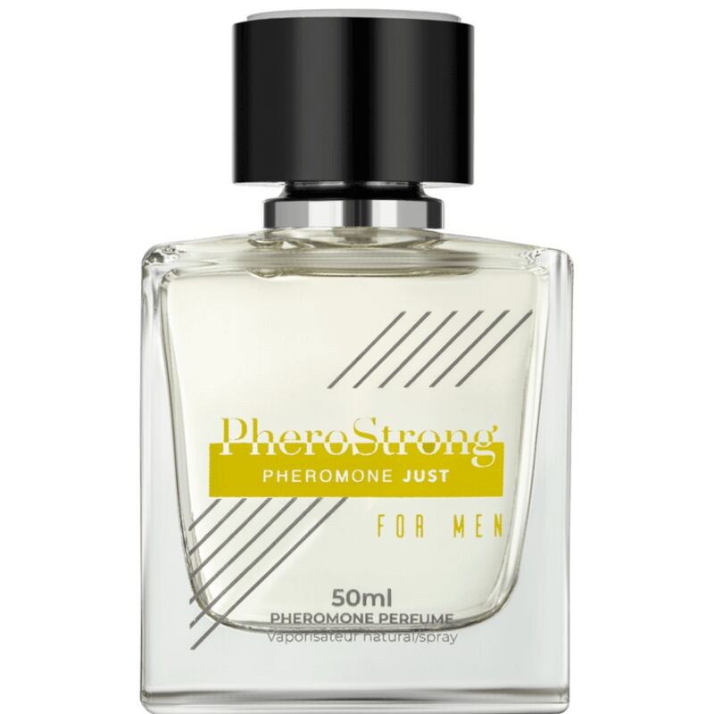 Profumo ai feromoni Pherostrong per uomini, bottiglia da 50 ml, con etichetta e spray visibile in immagine.