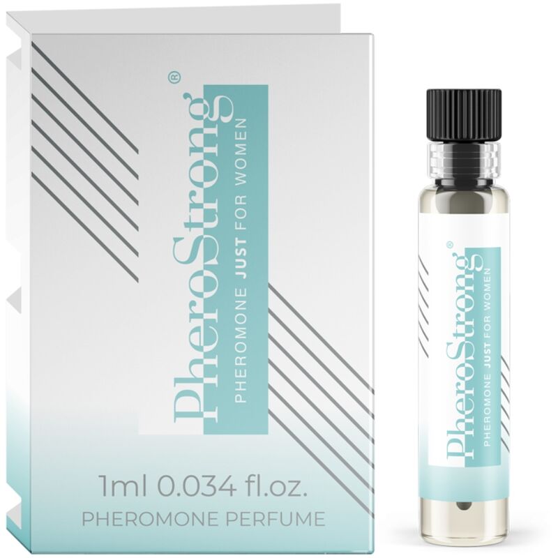 Profumo ai feromoni Pherostrong per donne, flacone da 1 ml con spray, confezione con dettagli del prodotto.