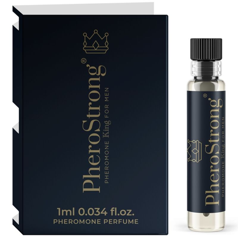 Profumo ai feromoni Pherostrong King per uomo, flacone da 1 ml con etichetta e tappo.